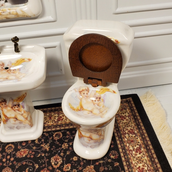 Rachel Munday Hand Decorated English Miniature Cherb Bathroom Set Extremely Rare - Picture 4 of 11
